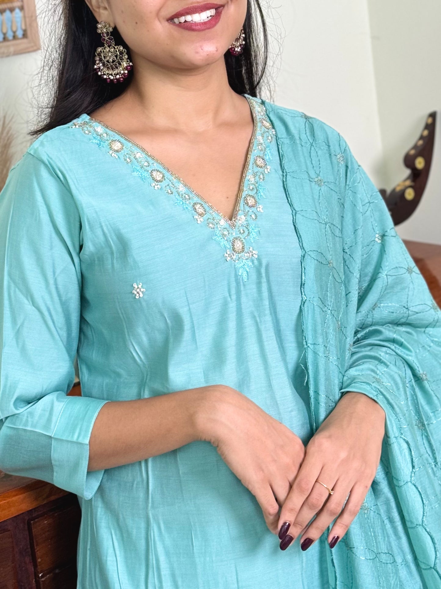 1015-Blue Dola Silk Suit-V neck