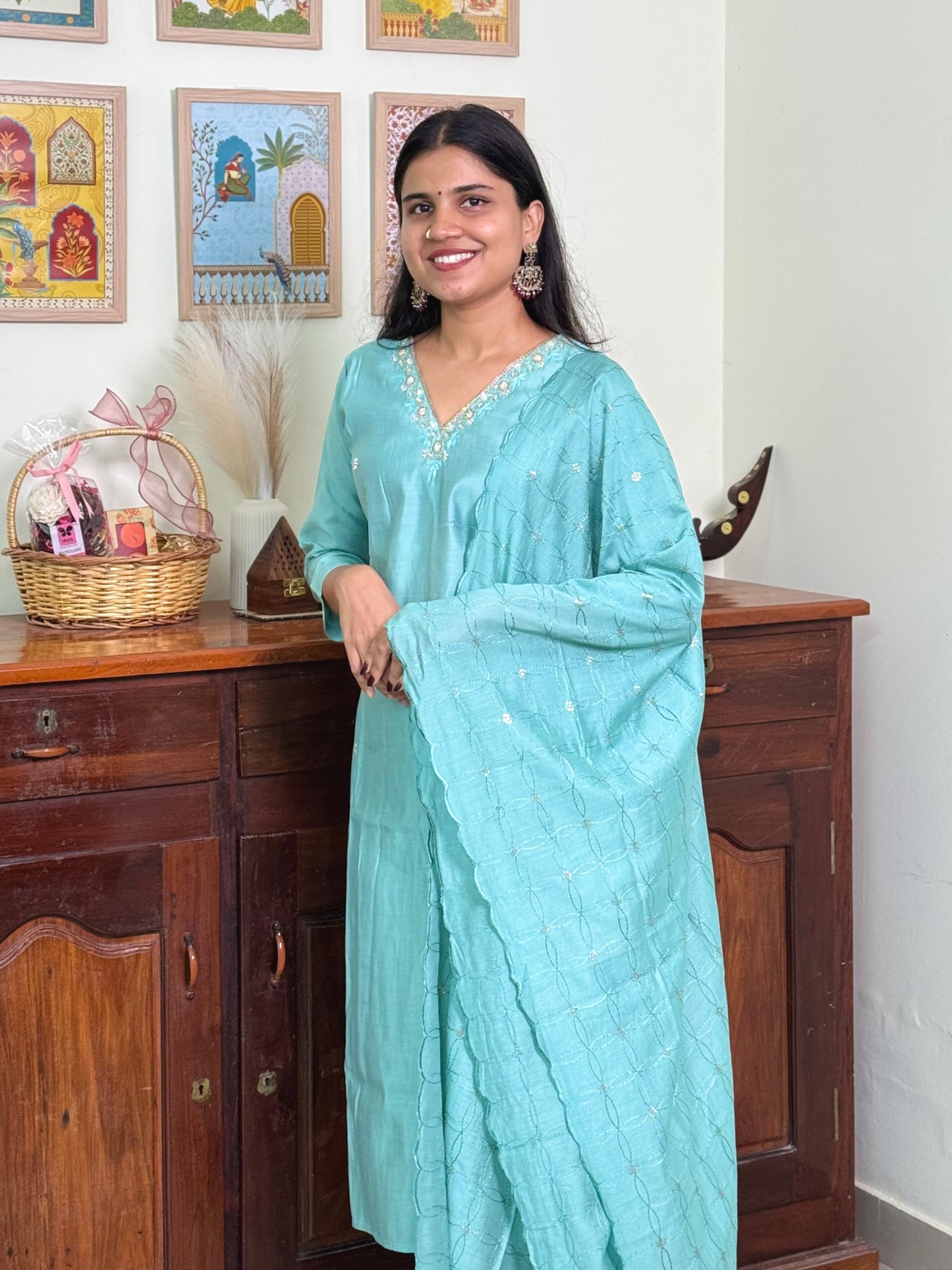 1015-Blue Dola Silk Suit-V neck