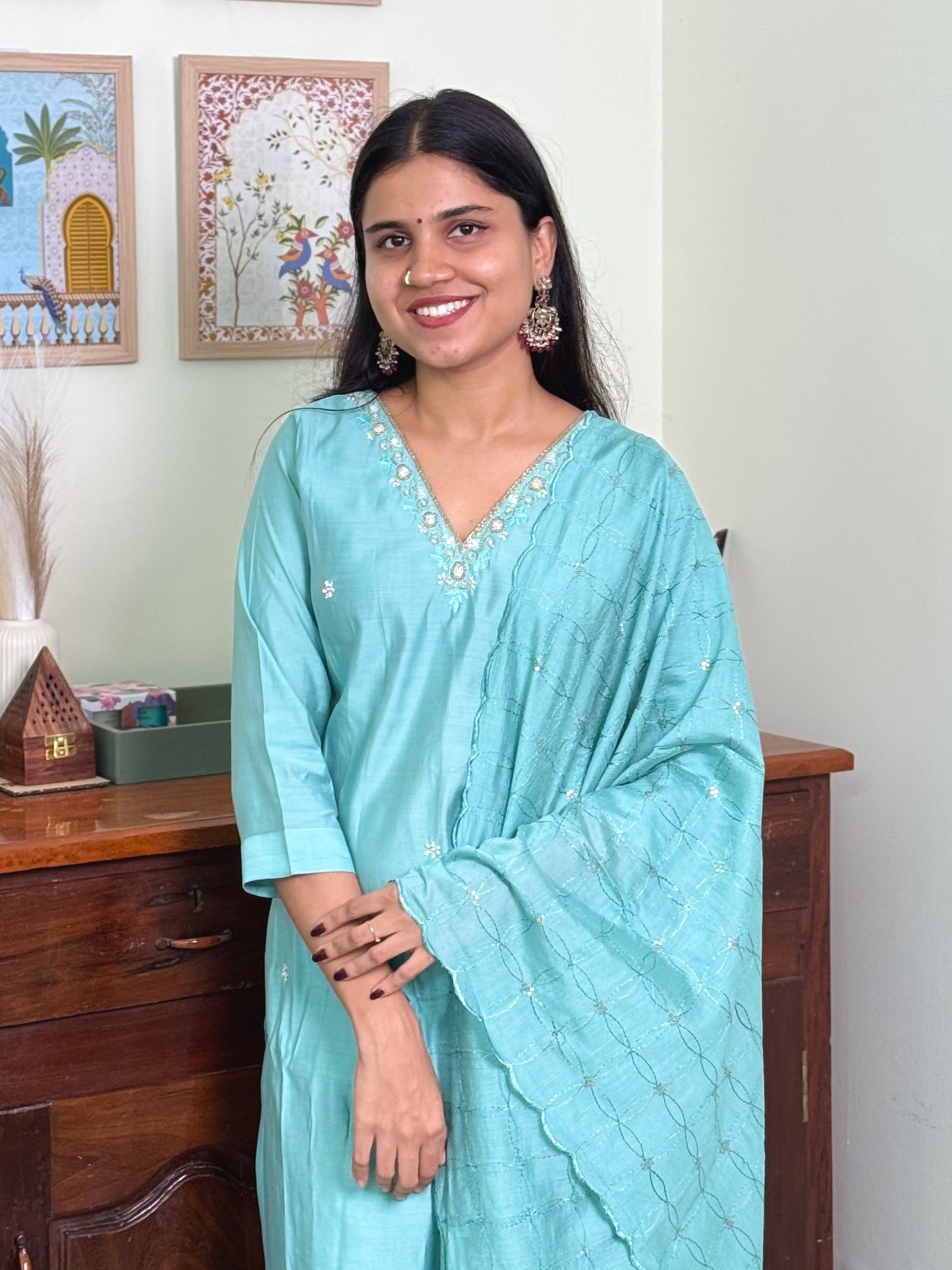 1015-Blue Dola Silk Suit-V neck