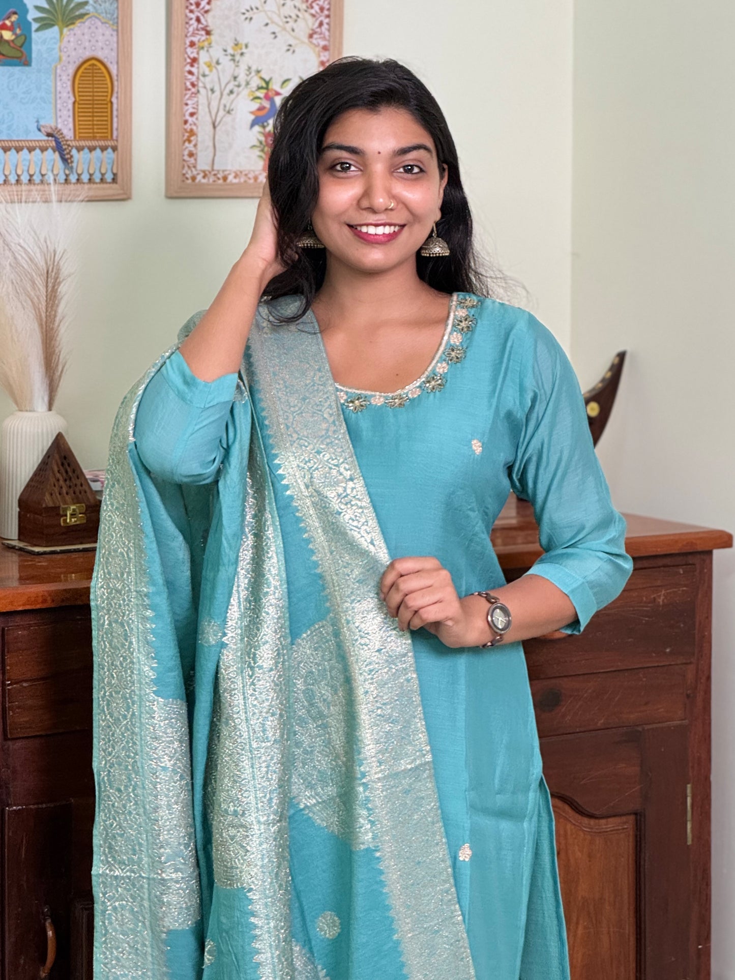 1017-Blue Dola Silk Suit- round neck