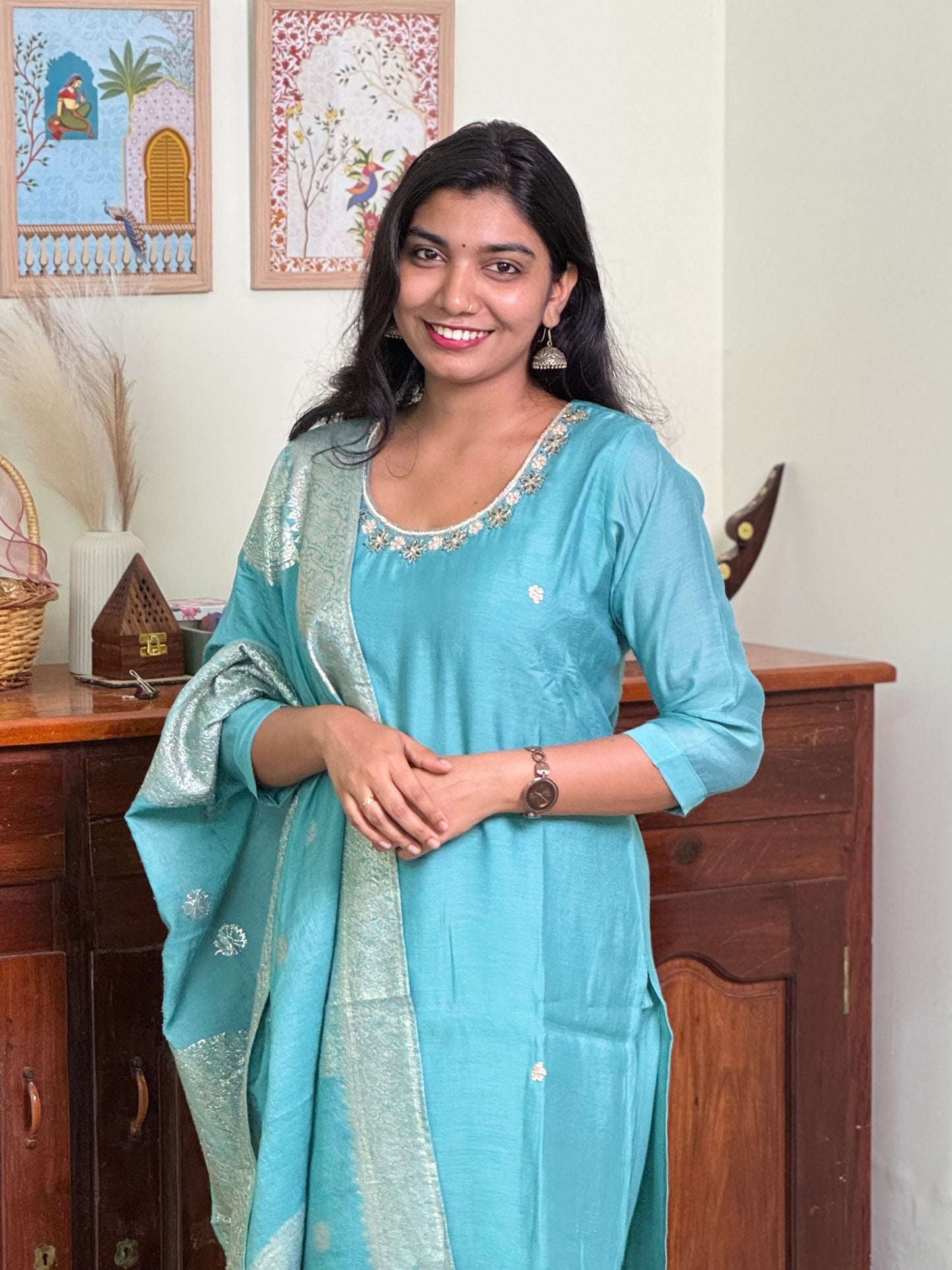 1017-Blue Dola Silk Suit- round neck
