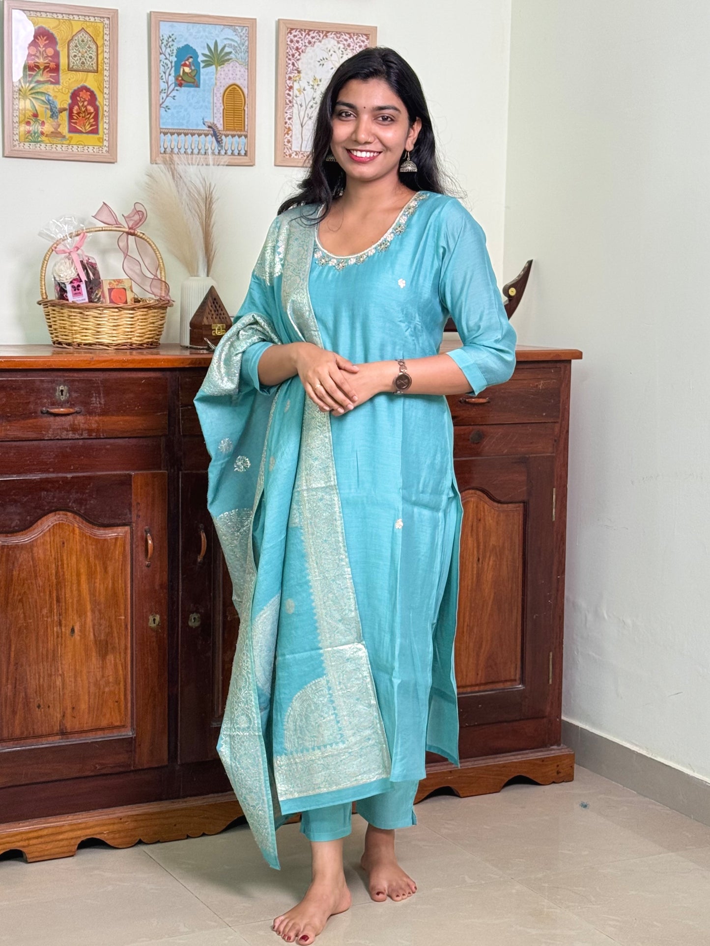 1017-Blue Dola Silk Suit- round neck
