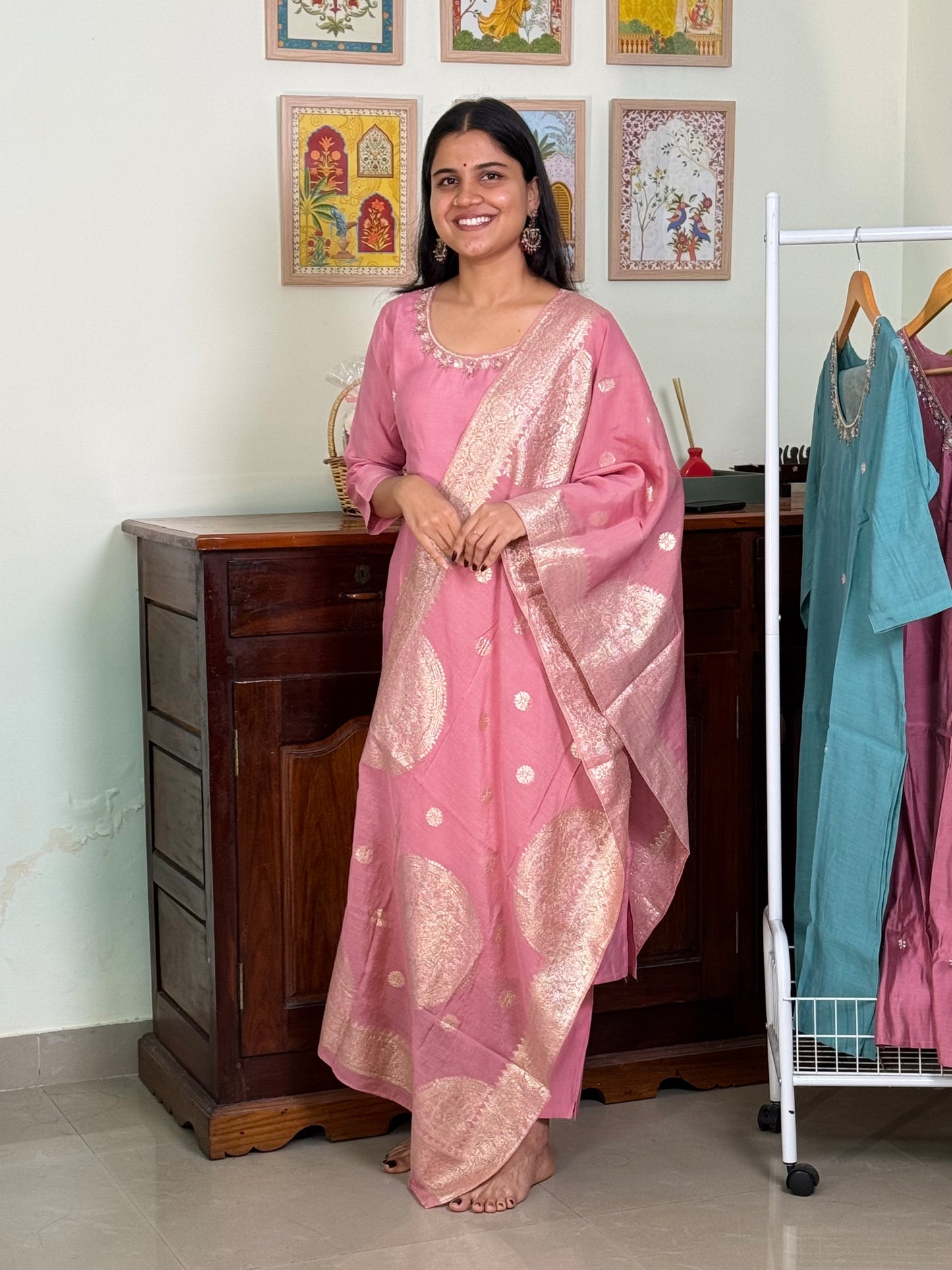 1018-Pink Dola Silk Suit- round neck