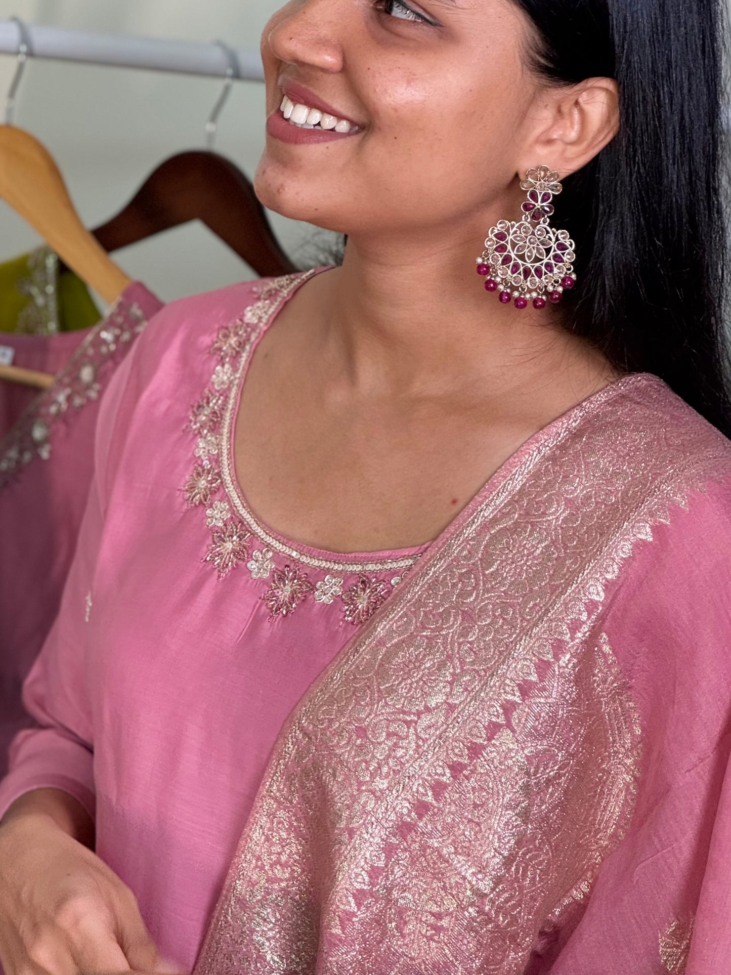 1018-Pink Dola Silk Suit- round neck