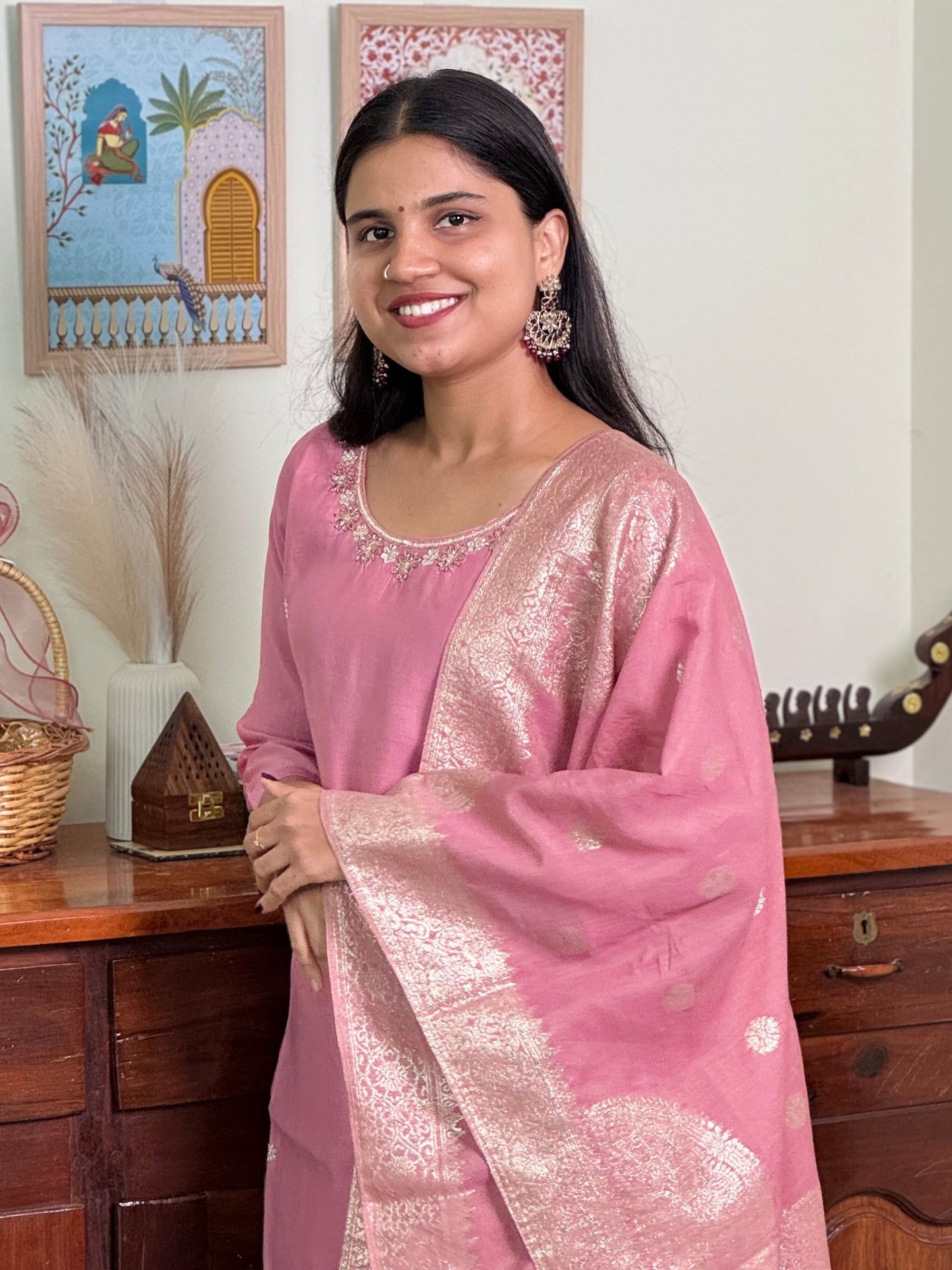 1018-Pink Dola Silk Suit- round neck