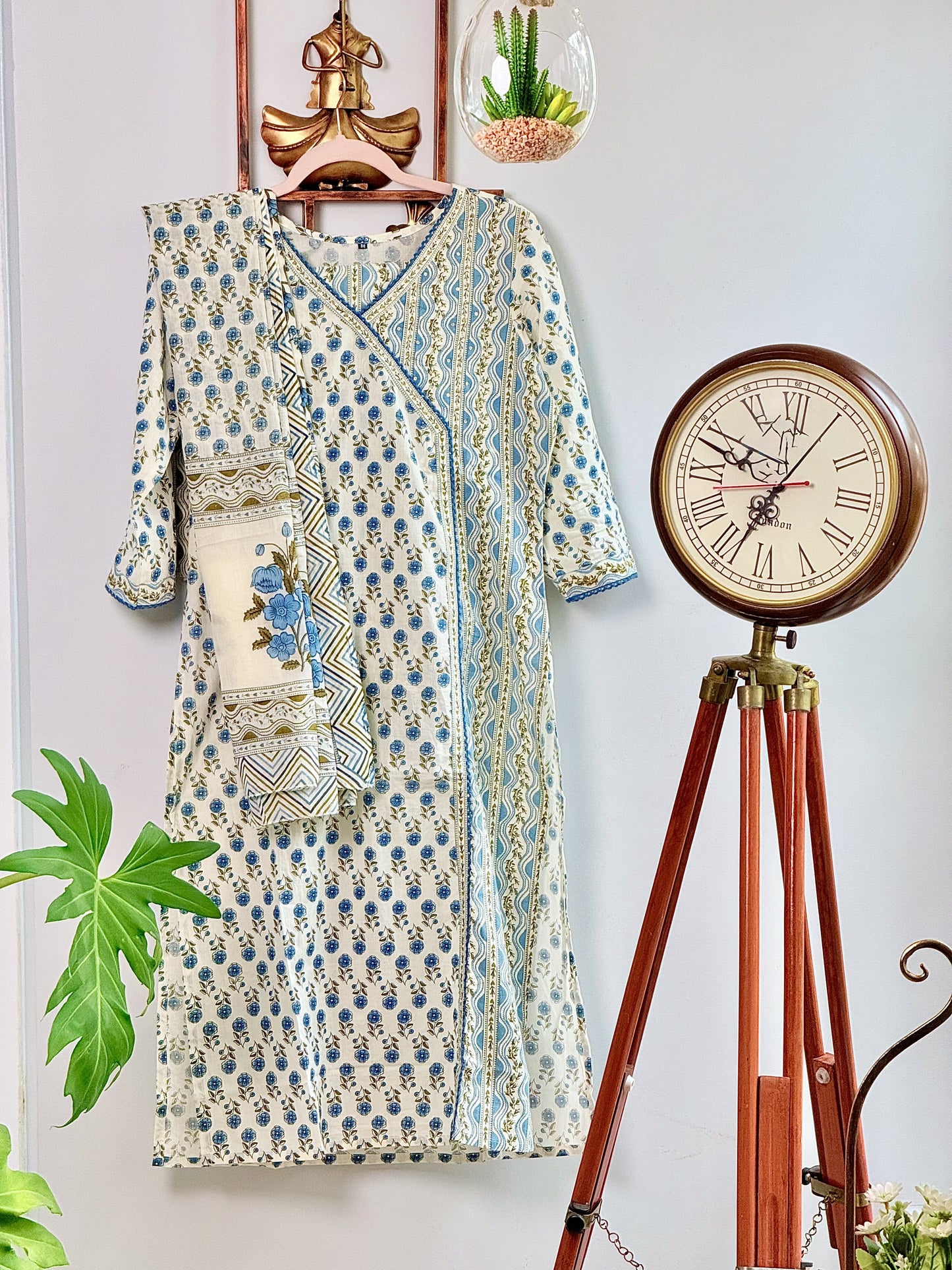 1010-white and blue churidar set