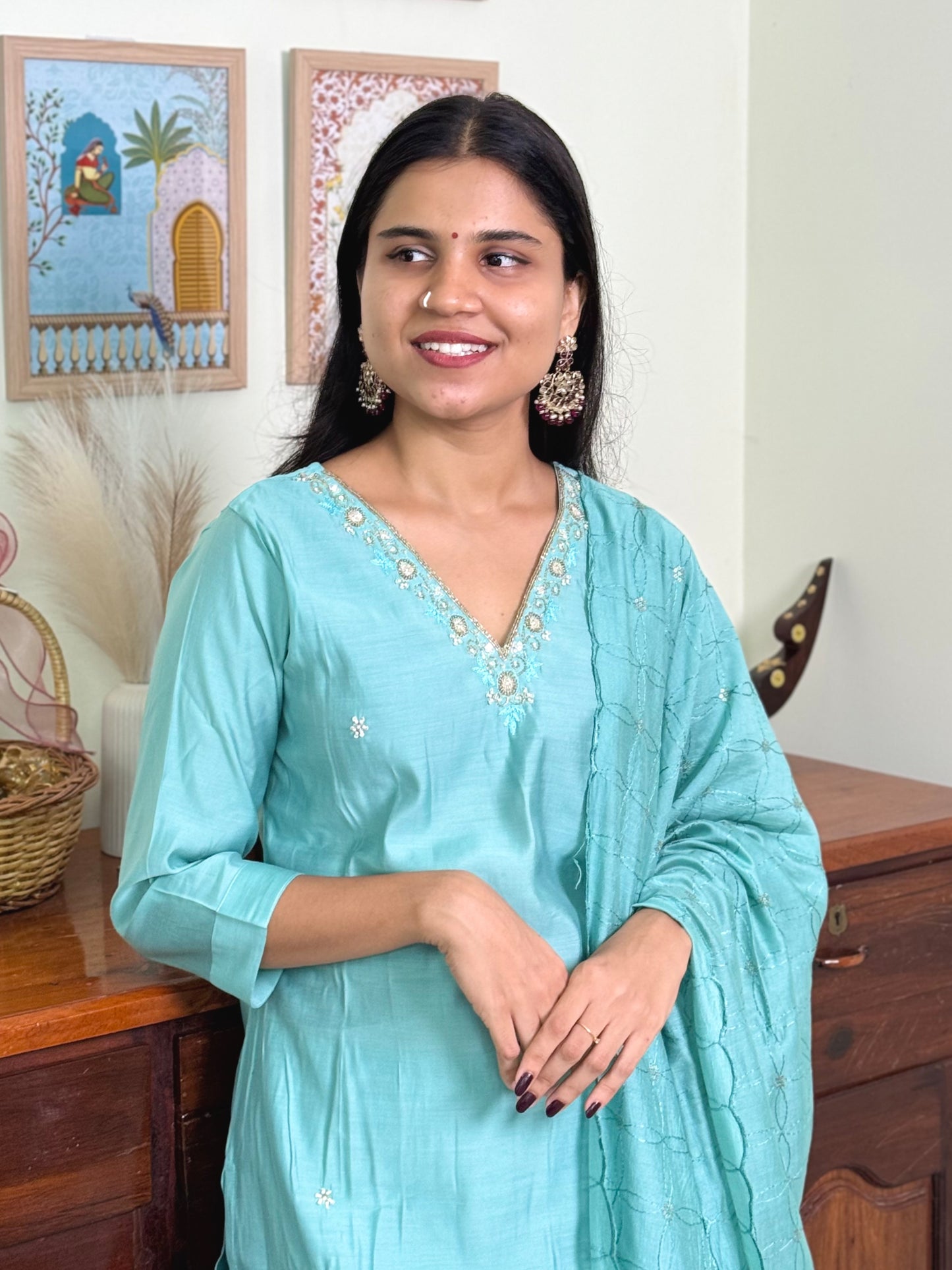 1015-Blue Dola Silk Suit-V neck