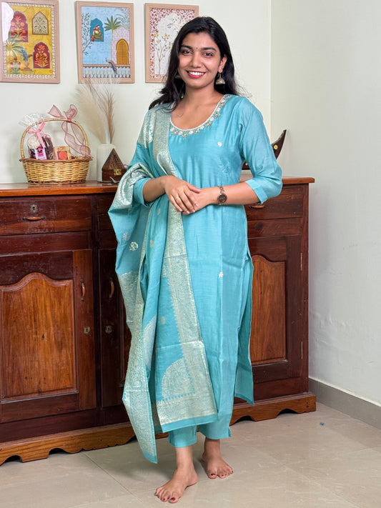 1017-Blue Dola Silk Suit- round neck