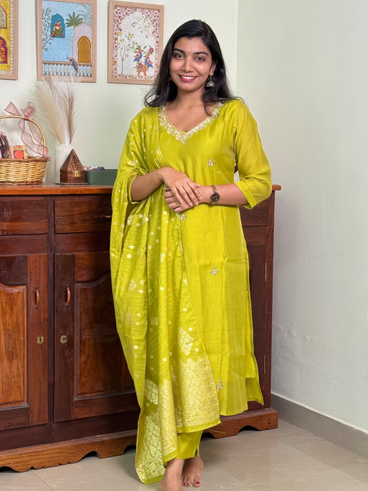 1014-Green Dola Silk Suit