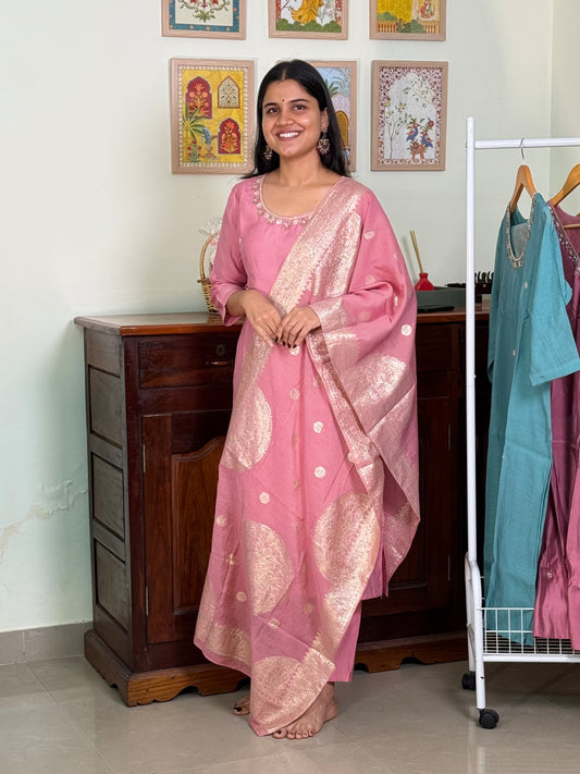 1018-Pink Dola Silk Suit- round neck
