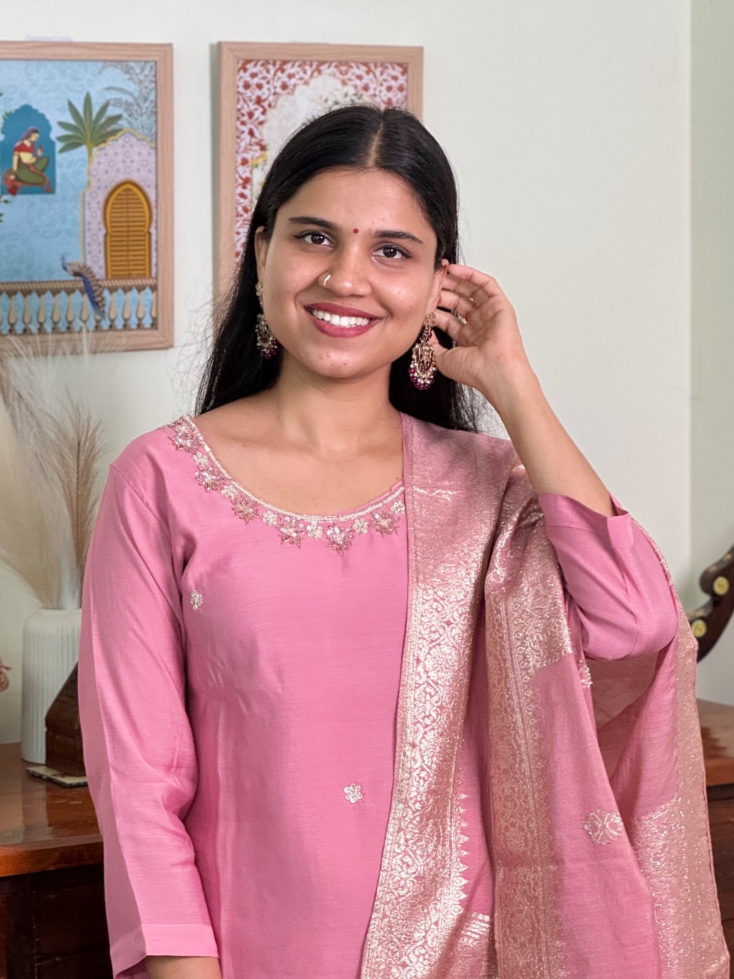 1018-Pink Dola Silk Suit- round neck